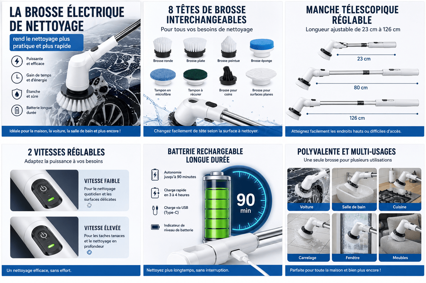 Brosse Électrique de Nettoyage Sans Fil 8 en 1 avec Manche Télescopique – Nettoyage Rapide et Sans Effort . - Yass Shop