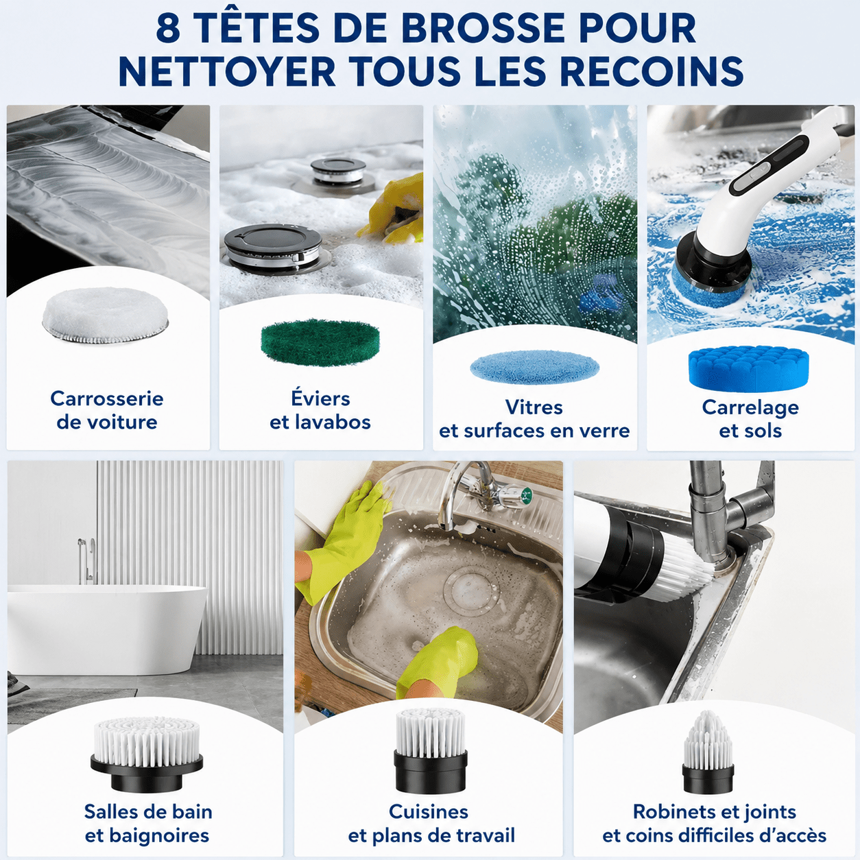 Brosse Électrique de Nettoyage Sans Fil 8 en 1 avec Manche Télescopique – Nettoyage Rapide et Sans Effort . - Yass Shop